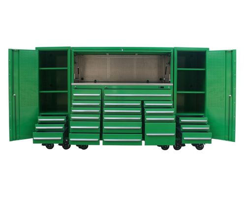 Garage Workshop Brown 96 Inch 16 Drawer Rolling Tool Cabinet with Side Locker and Hutch